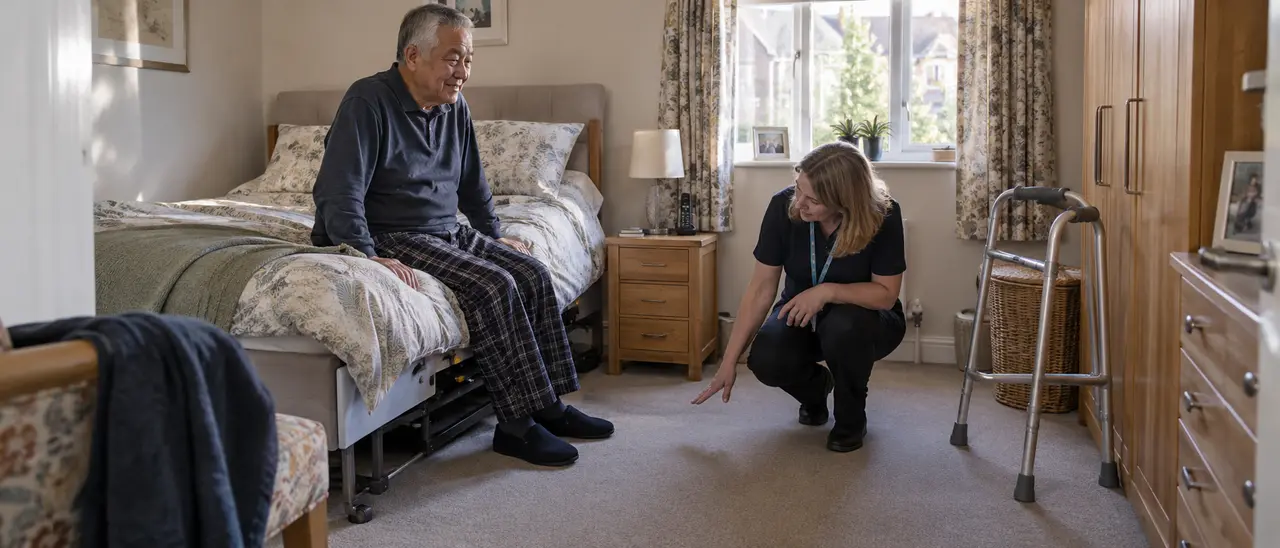 Occupational therapist checking clear transfer space in an ordinary British bedroom